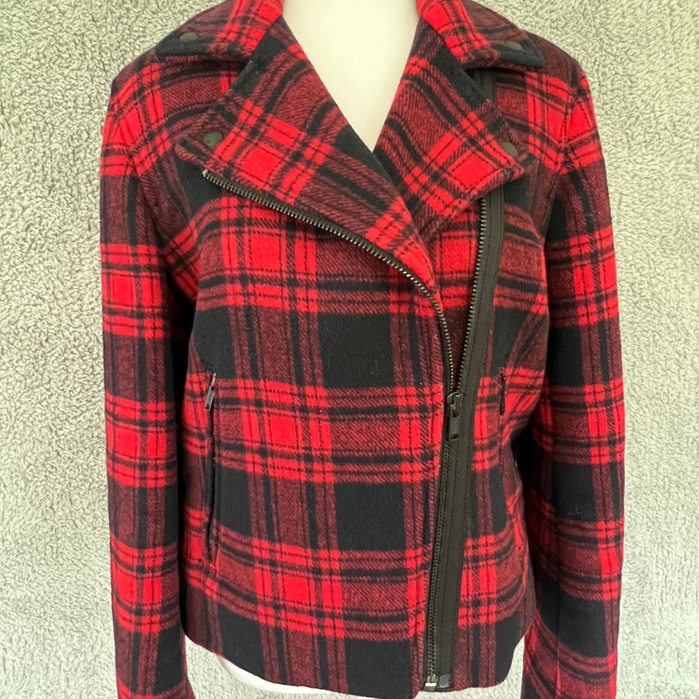 GAP Tartan Plaid Moto Jacket Womens M Red Black Wool Blend Asymmetric Zip Biker